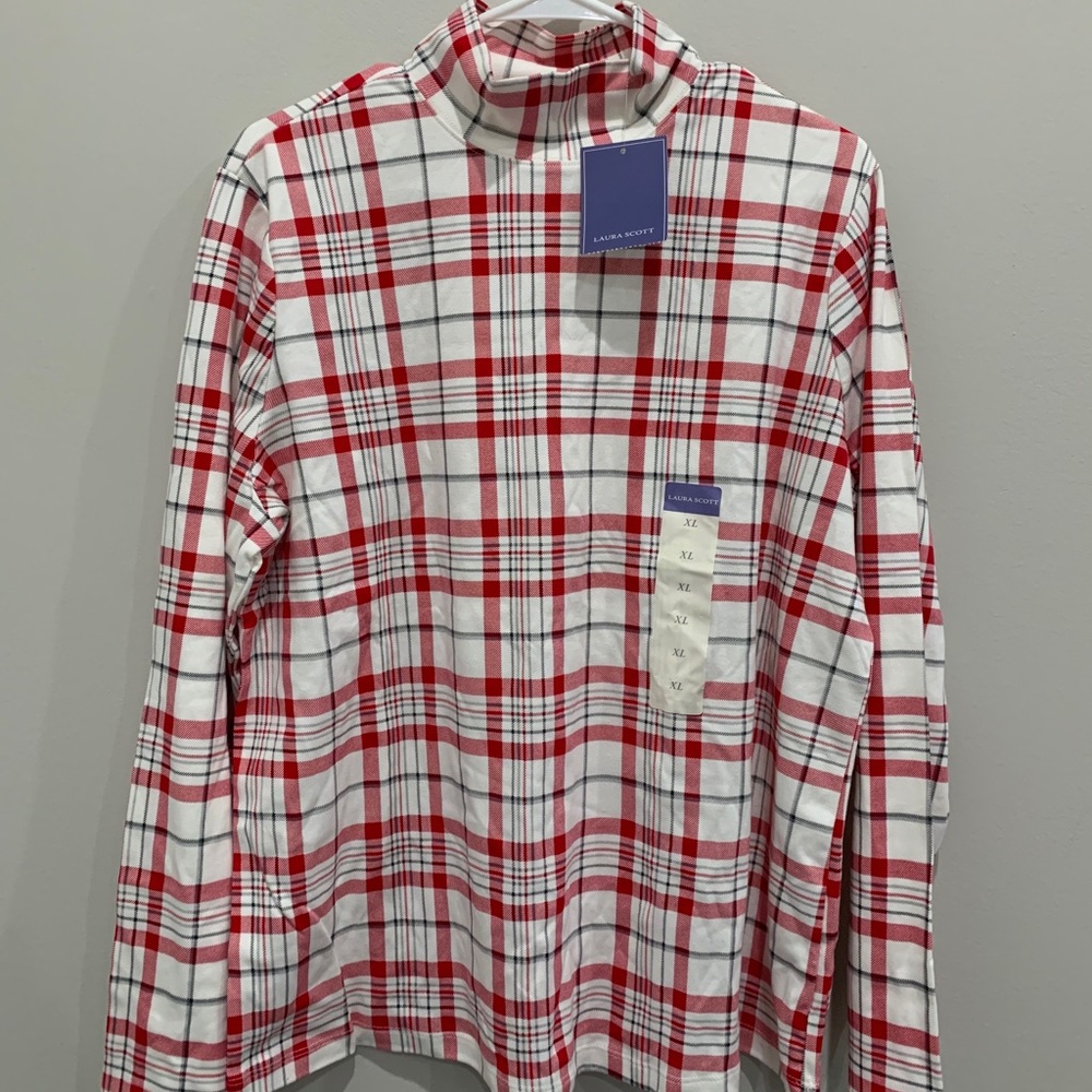 NWT Karen Scott Plaid Mock Neck Long Sleeve